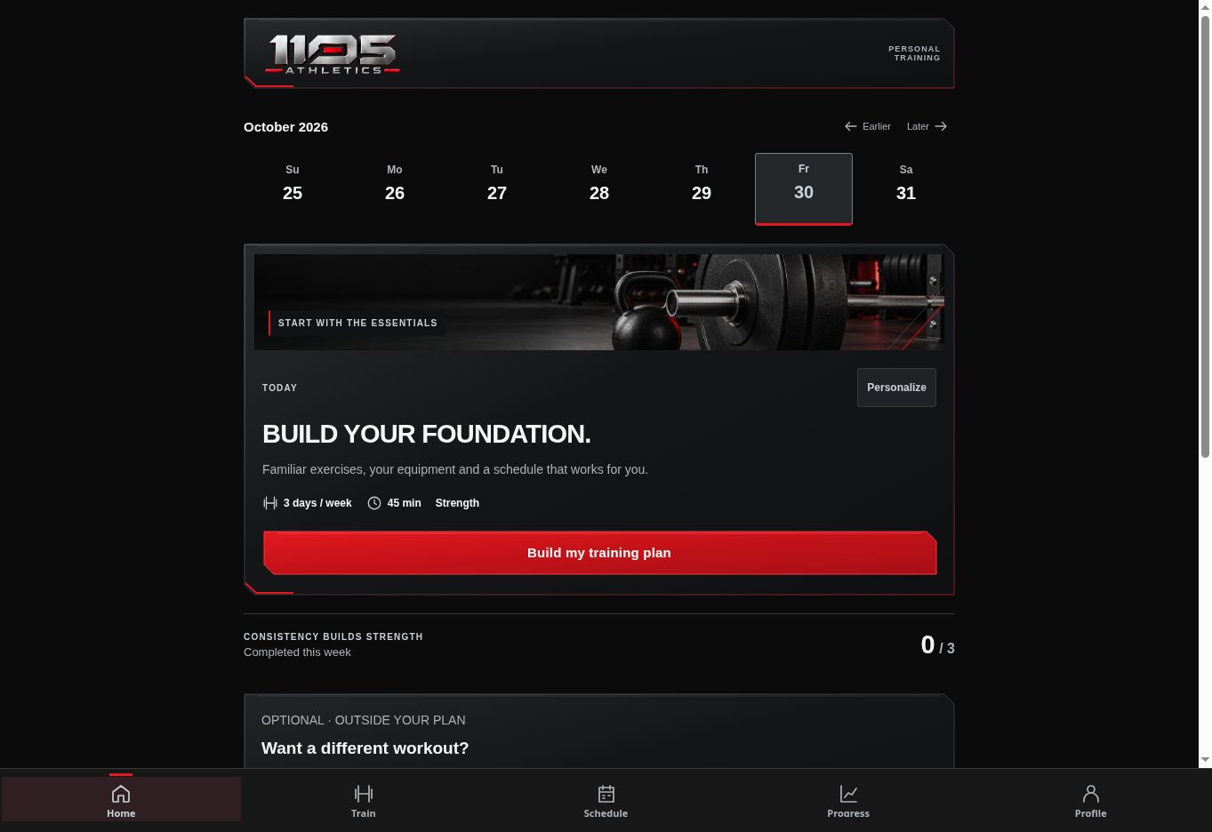 1105 Athletics beta interface showing training preferences and the Build your foundation screen.